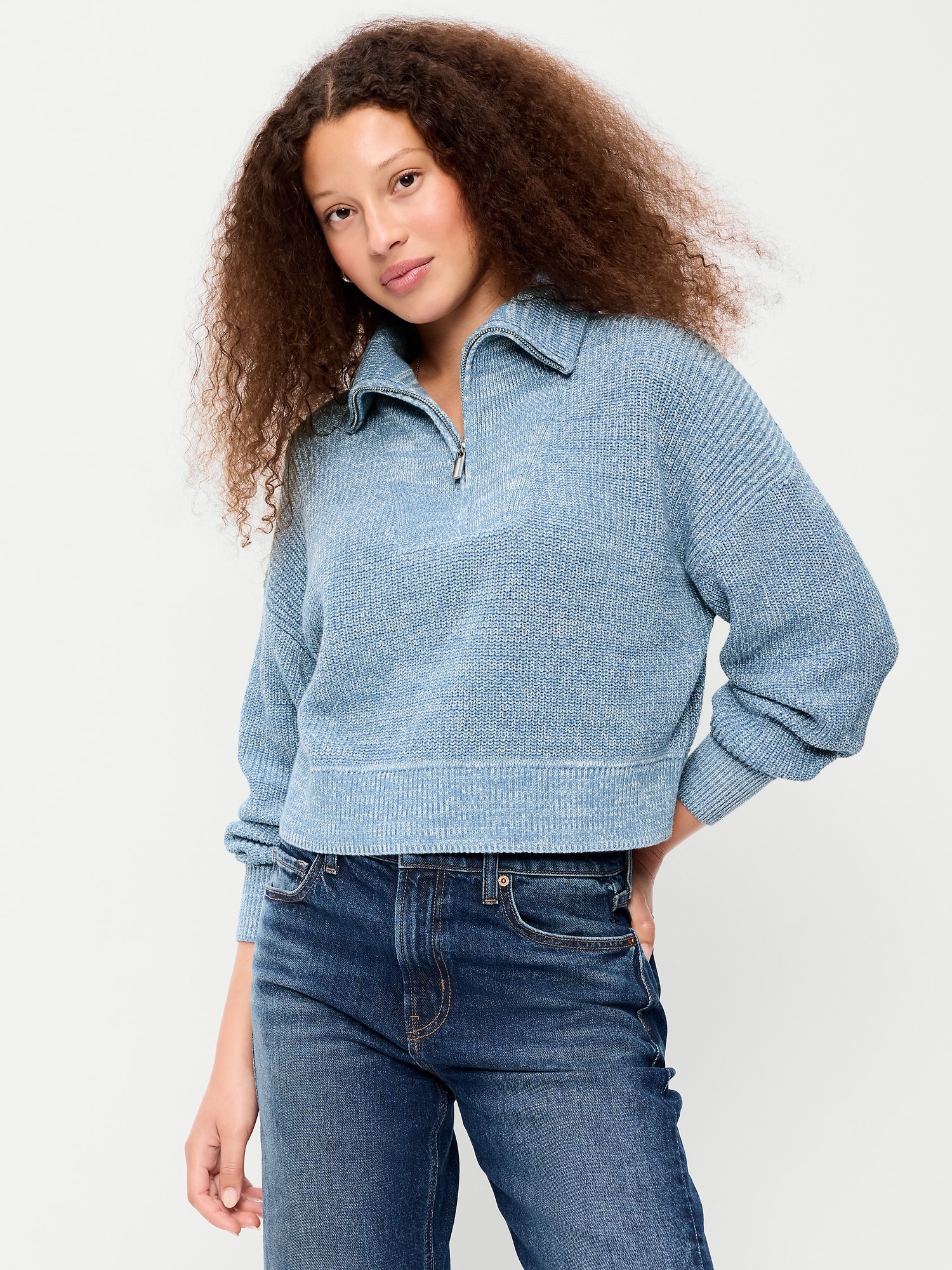 Женский хлопковый свитер Old Navy Seaside Shaker оверсайз с молнией 1/2, цвет: Синий