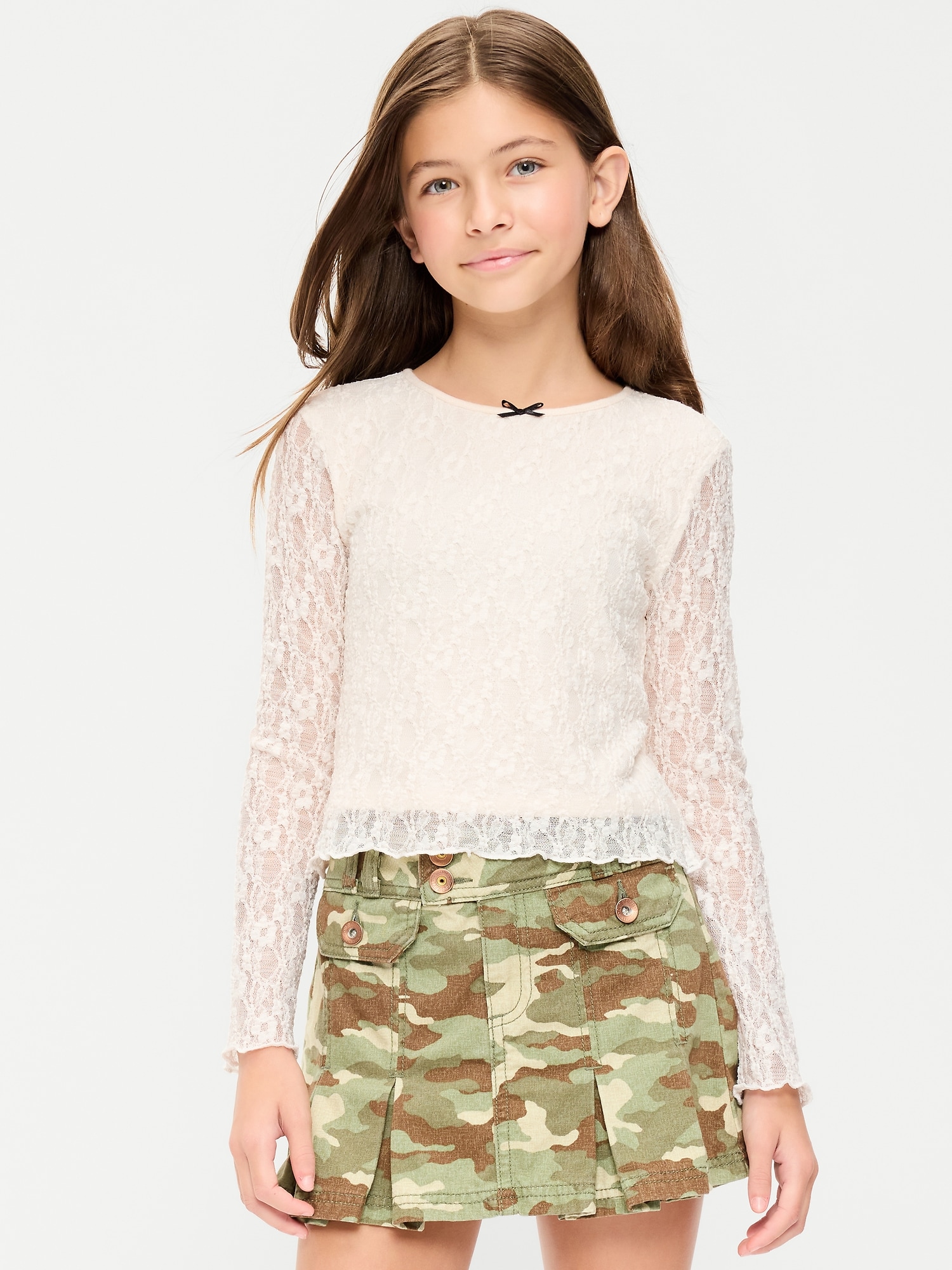 Fitted Long-Sleeve Lace Top for Girls