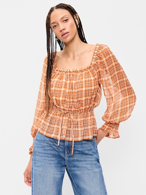 Square-Neck Ruffle-Trimmed Peplum Top