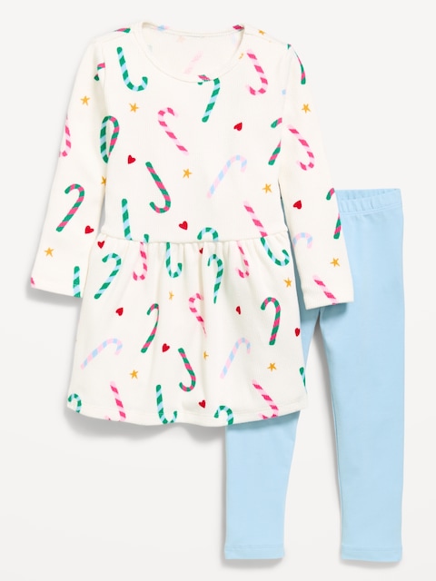 Printed Waffle Knit Dress and Leggings Set for Toddler Girls
