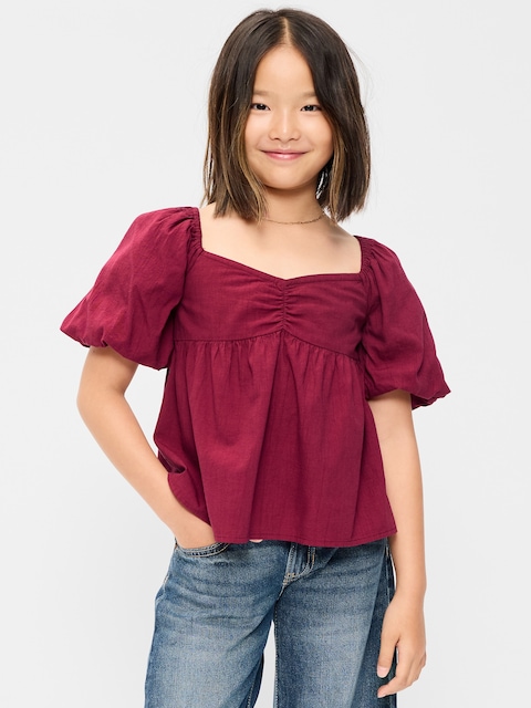 Puff-Sleeve Tie-Back Crinkled Top for Girls