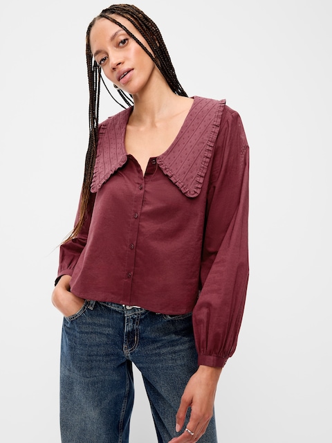 Long-Sleeve Statement Collar Button-Front Top