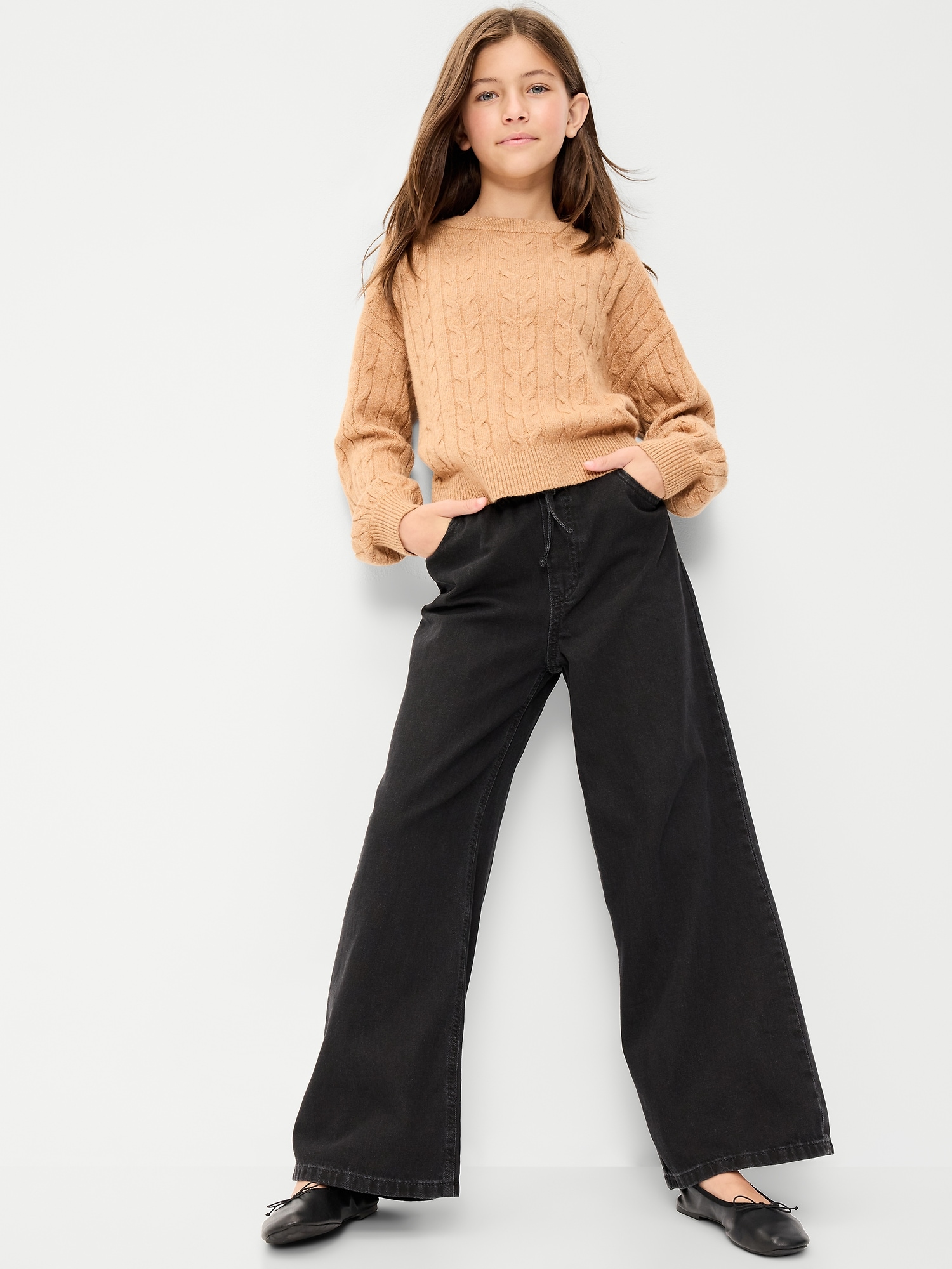Pull-On Super Baggy Wide-Leg Denim Pants for Girls