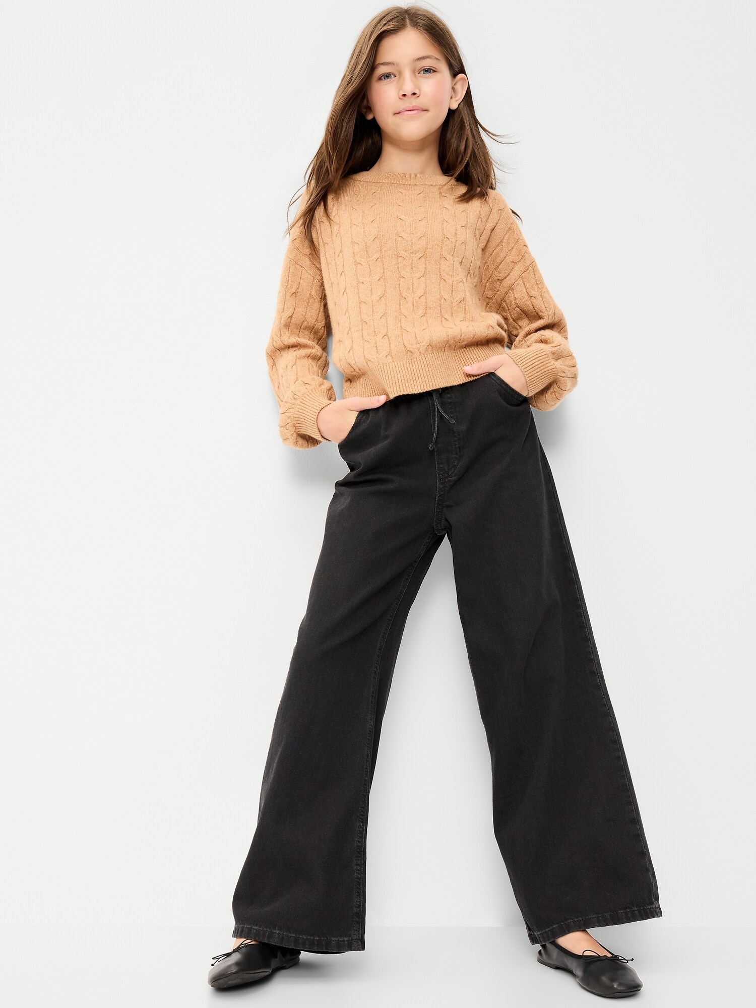 Джинсы Old Navy High-Waisted Pull-On Baggy Wide-Leg Jeans для девочек, цвет: Чёрный варёный — фото 3