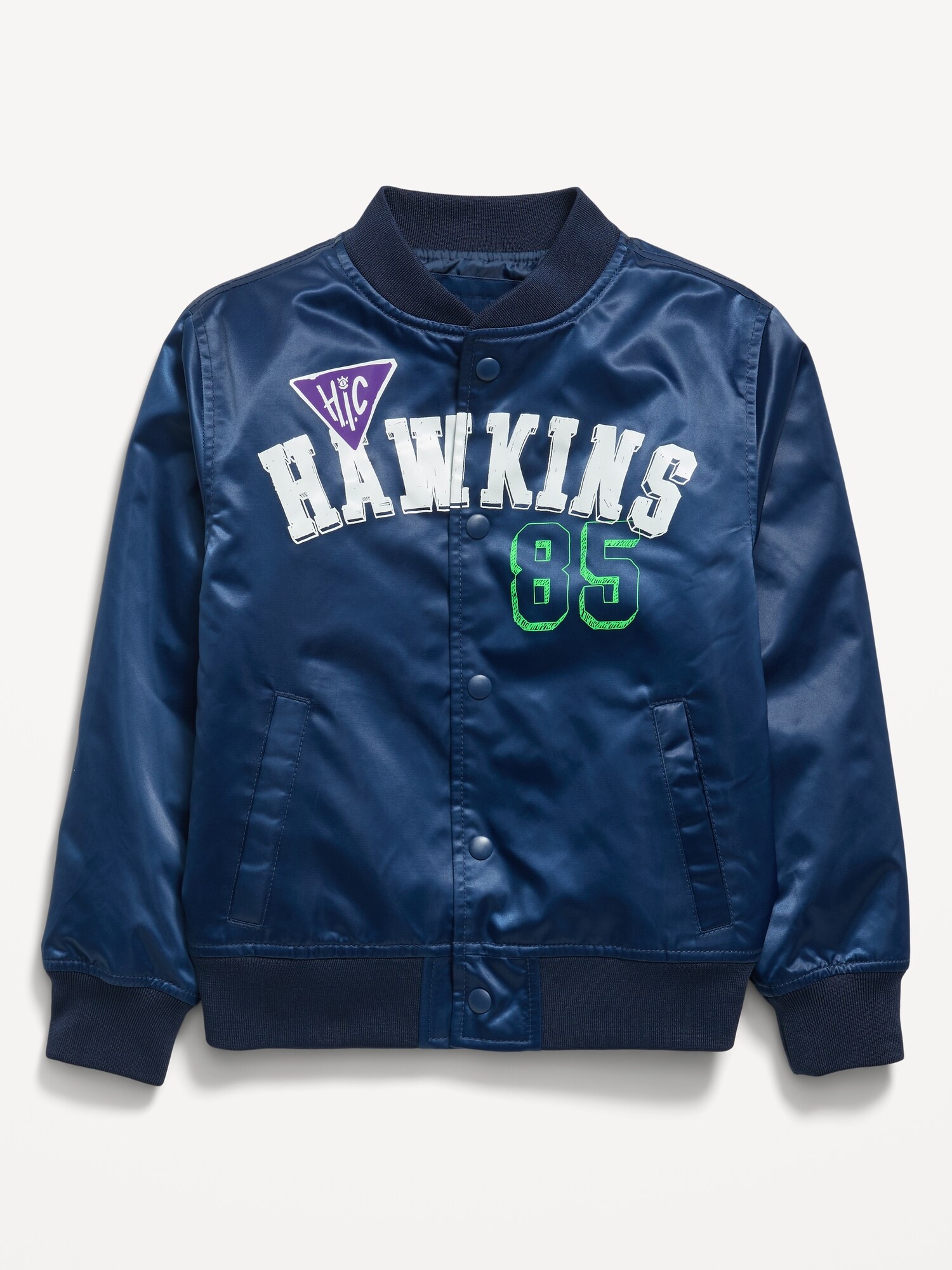 Детский бомбер Old Navy x Netflix Stranger Things: Tales From '85 из атласа для мальчиков, цвет: Obscure Night — фото 2