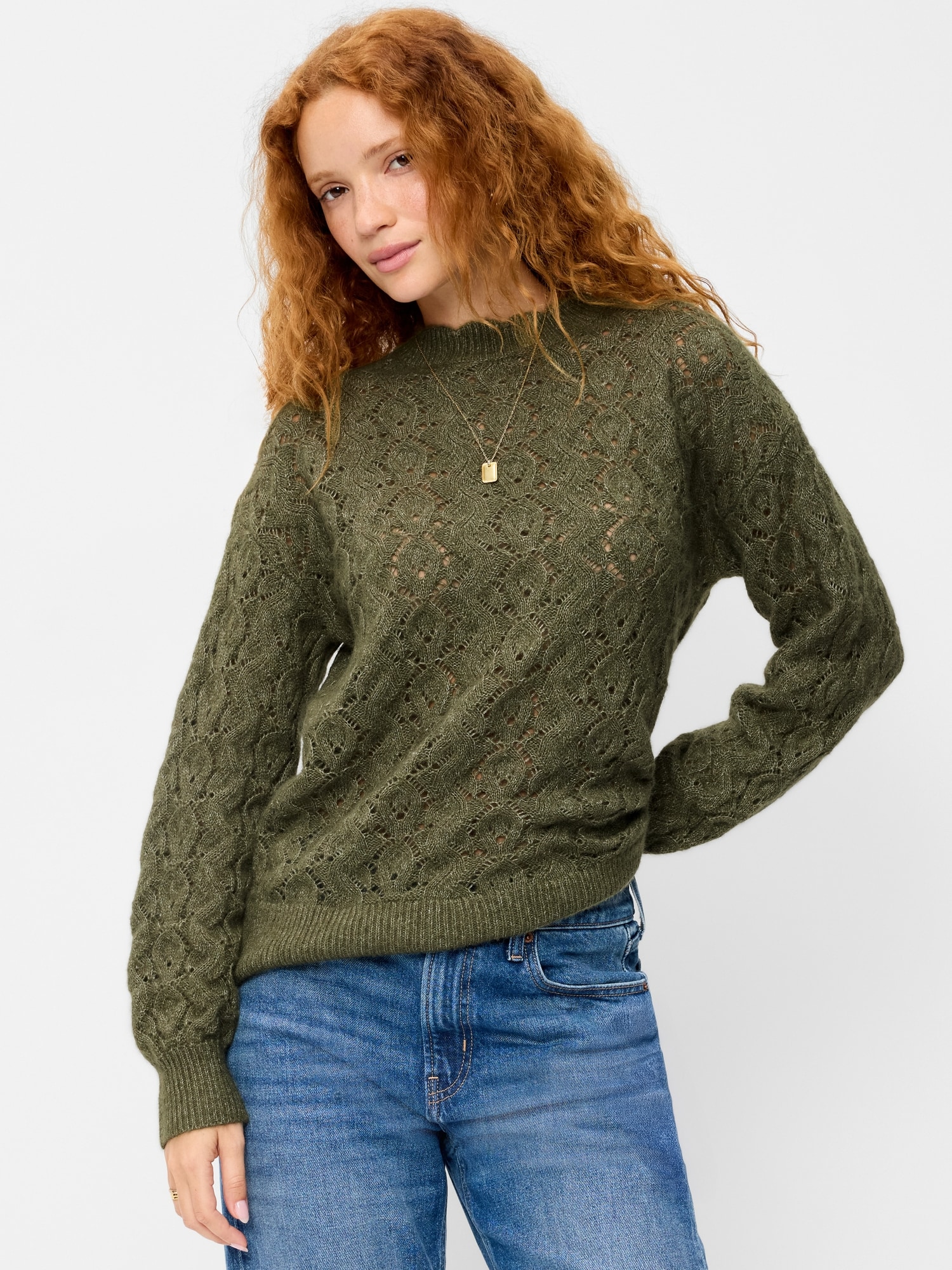 Pointelle Crew-Neck Tunic Sweater