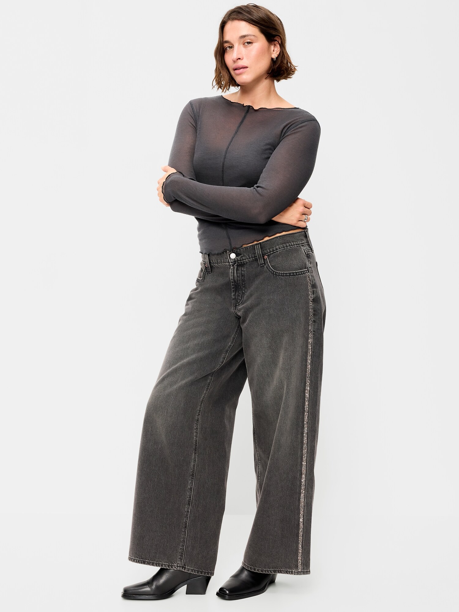 Женские джинсы Old Navy Low-Rise Baggy Wide-Leg, цвет: Янтарный чёрный — фото 5