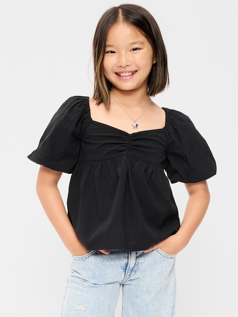 Puff-Sleeve Tie-Back Crinkled Top for Girls