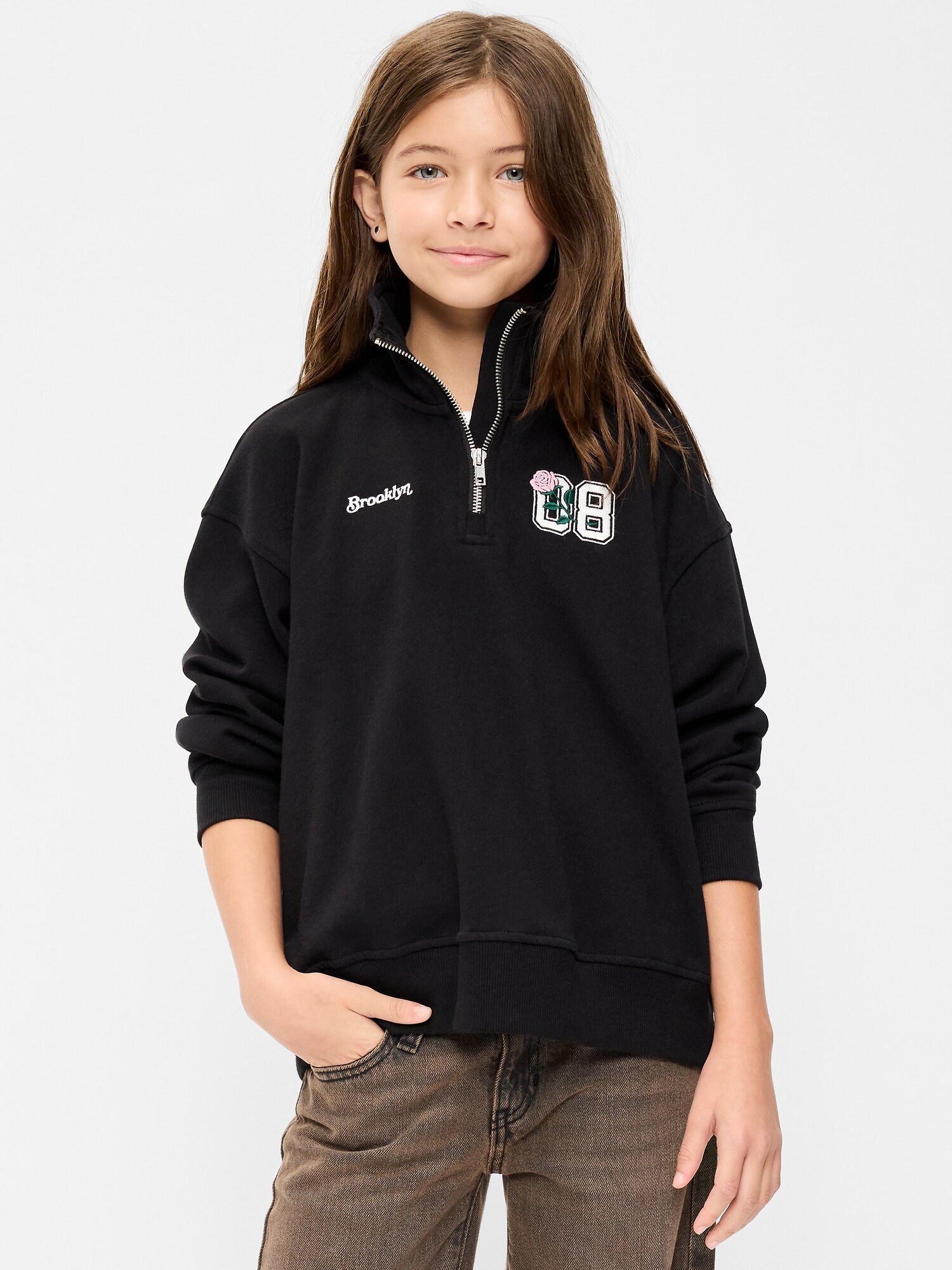 Детский свитшот Old Navy оверсайз с принтом и молнией 1/4 для девочек, цвет: Чёрный