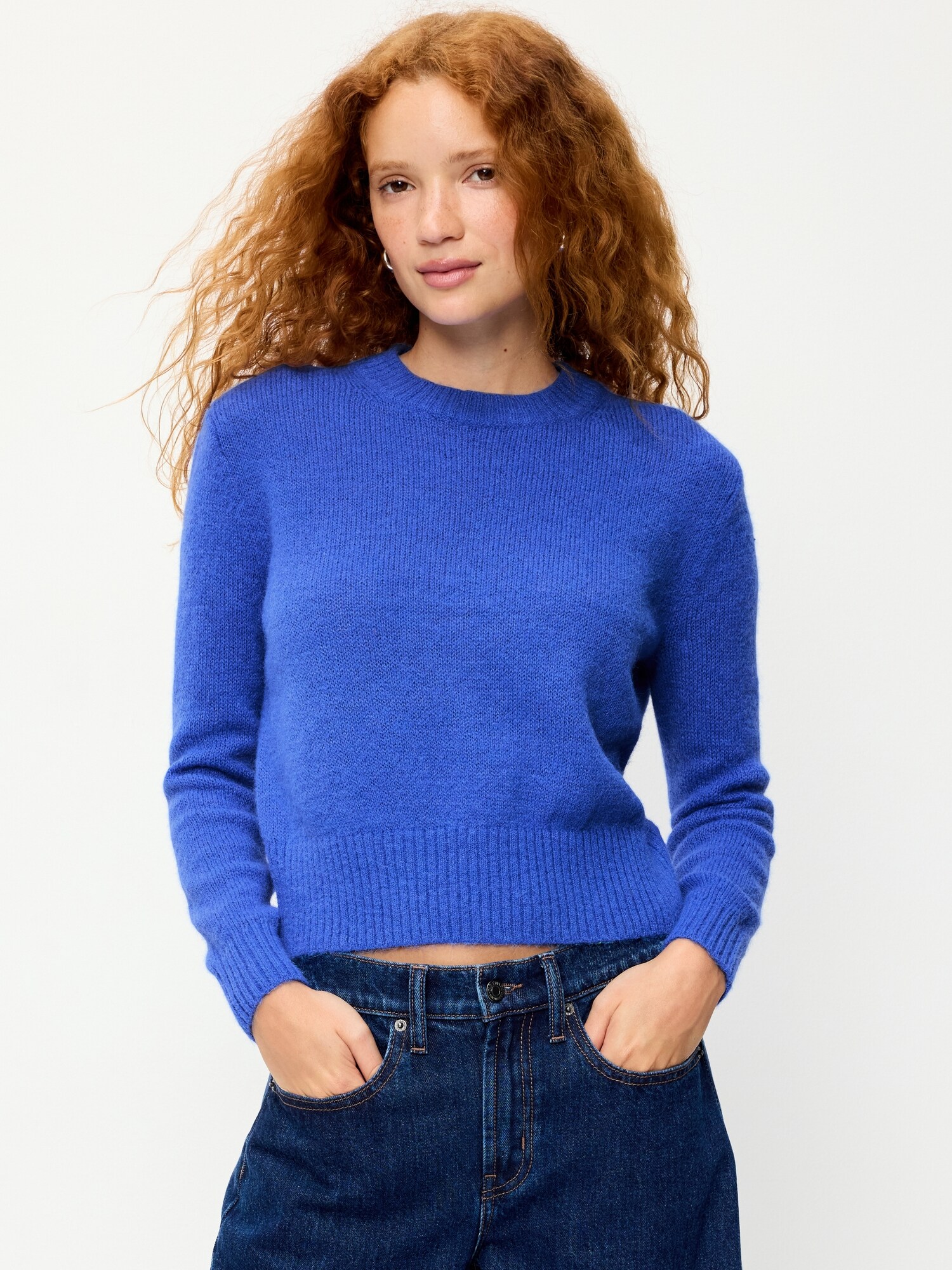 Женский укороченный свитер Old Navy Cozy из смеси шерсти с круглым вырезом, цвет: Синий — фото 3