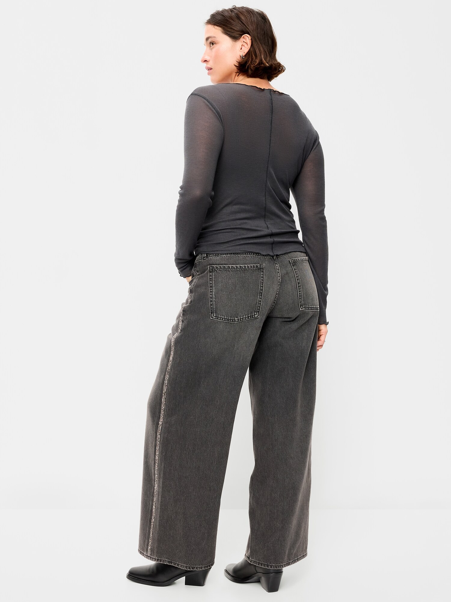 Женские джинсы Old Navy Low-Rise Baggy Wide-Leg, цвет: Янтарный чёрный — фото 6