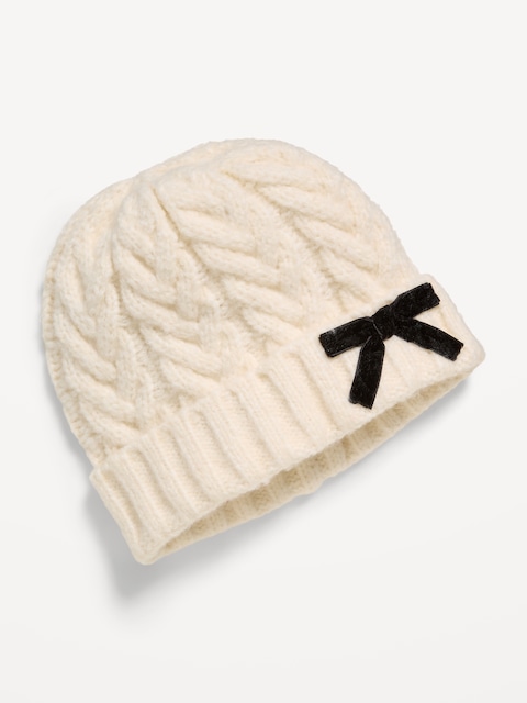 Cable-Knit Velvet-Bow Beanie for Toddler Girls
