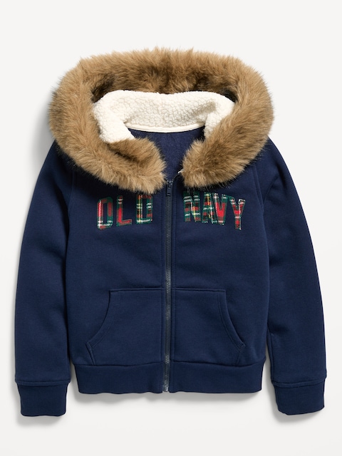 Fitted Faux-Fur Logo Graphic Full-Zip Hoodie for Girls