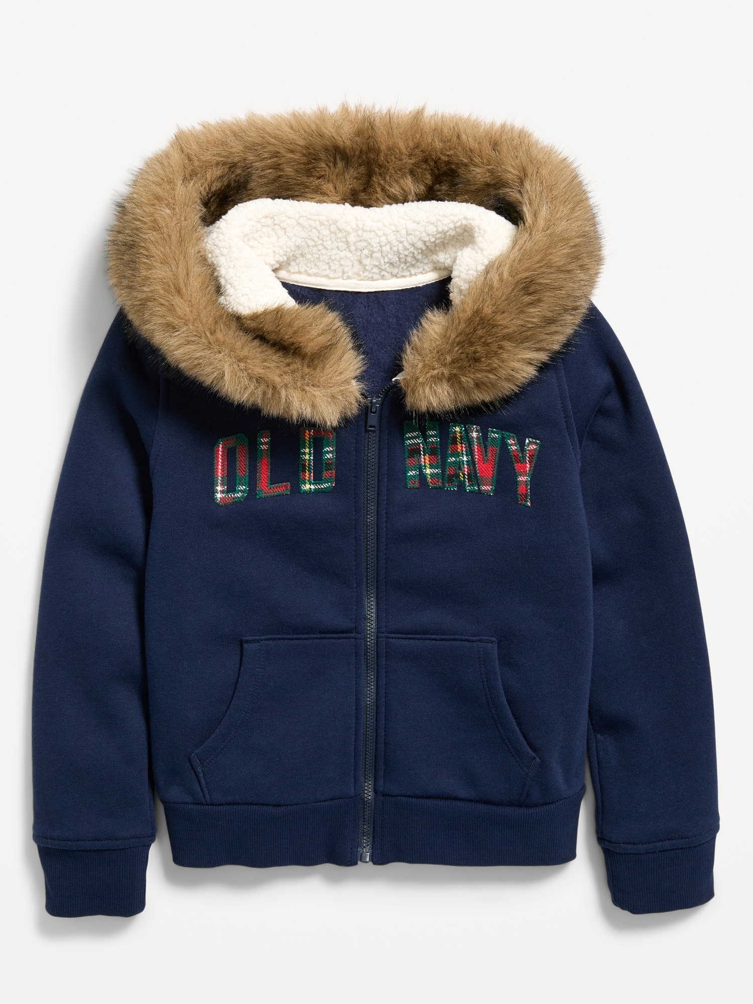 Худи Old Navy Fitted Faux-Fur Logo Graphic Full-Zip для девочек, цвет: Тёмно-синий
