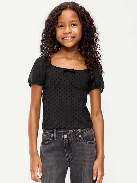 Puff-Sleeve Textured Mesh Top for Girls