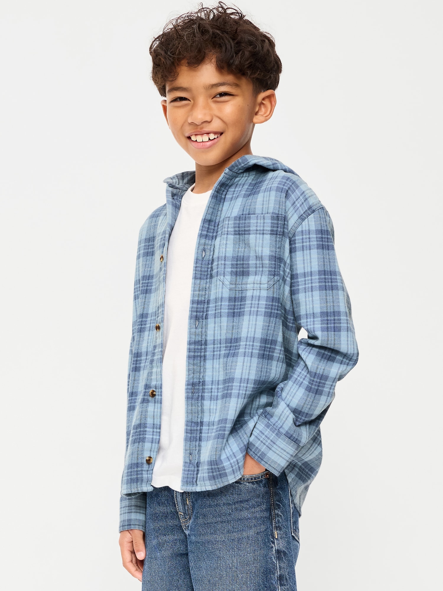 Long-Sleeve Plaid Flannel Hooded Shirt for Boys