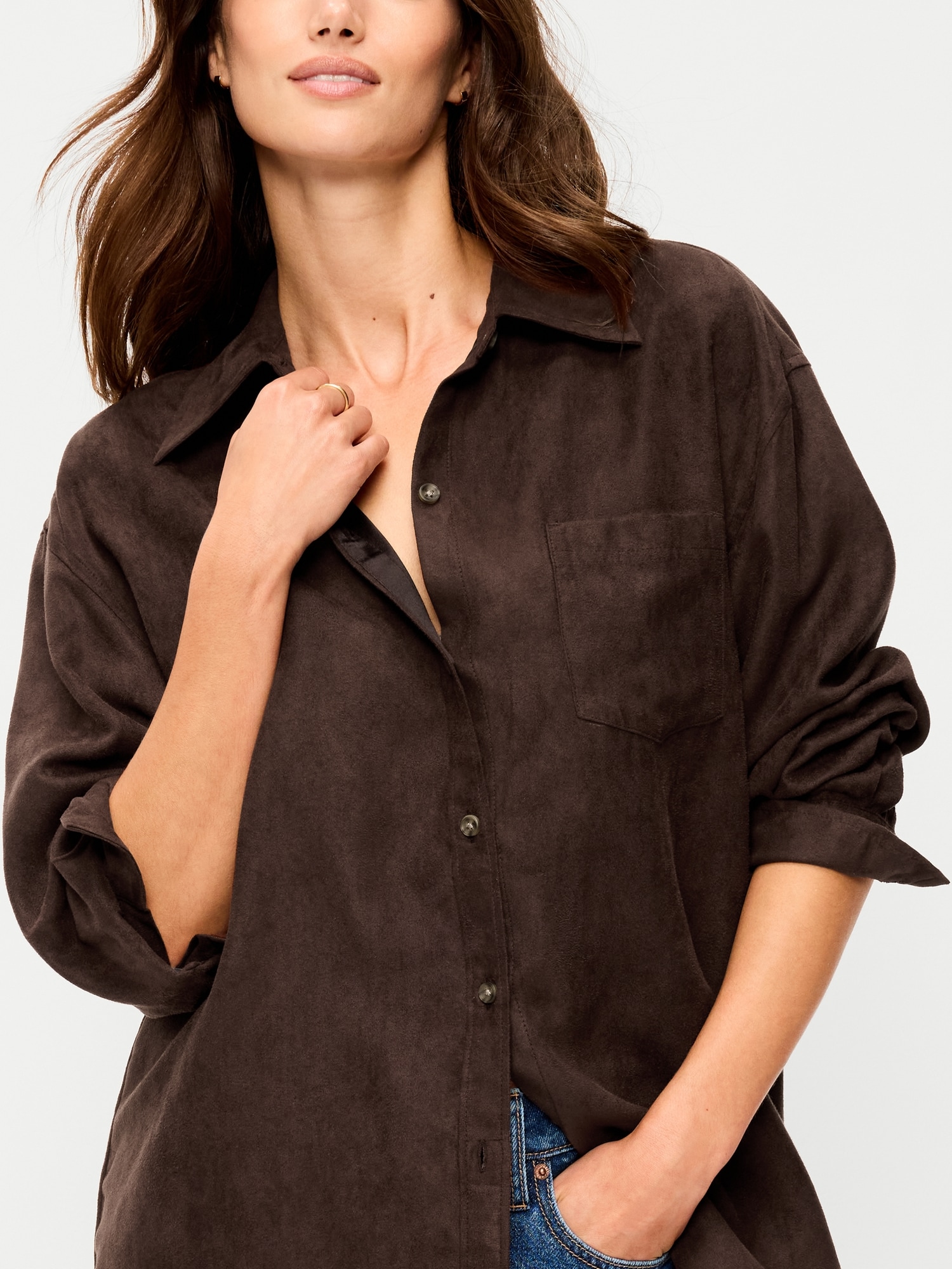 Oversized Boyfriend Button-Down Faux-Suede Shirt
