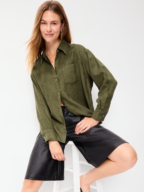 Oversized Boyfriend Button-Down Faux-Suede Shirt
