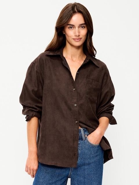Oversized Boyfriend Button-Down Faux-Suede Shirt
