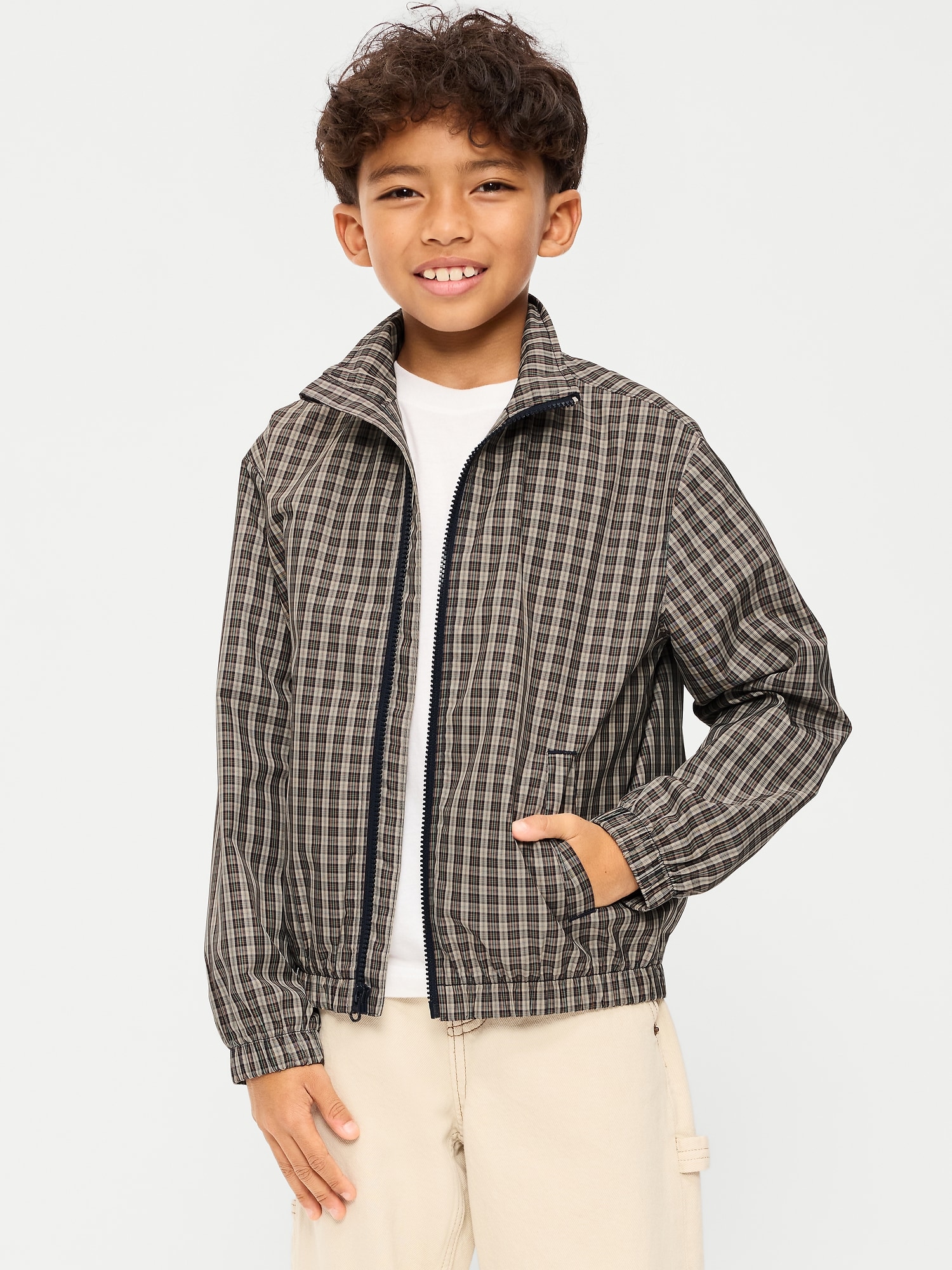 Куртка Old Navy Water-Resistant Plaid Full-Zip Windbreaker для мальчиков, цвет: Серый клетчатый