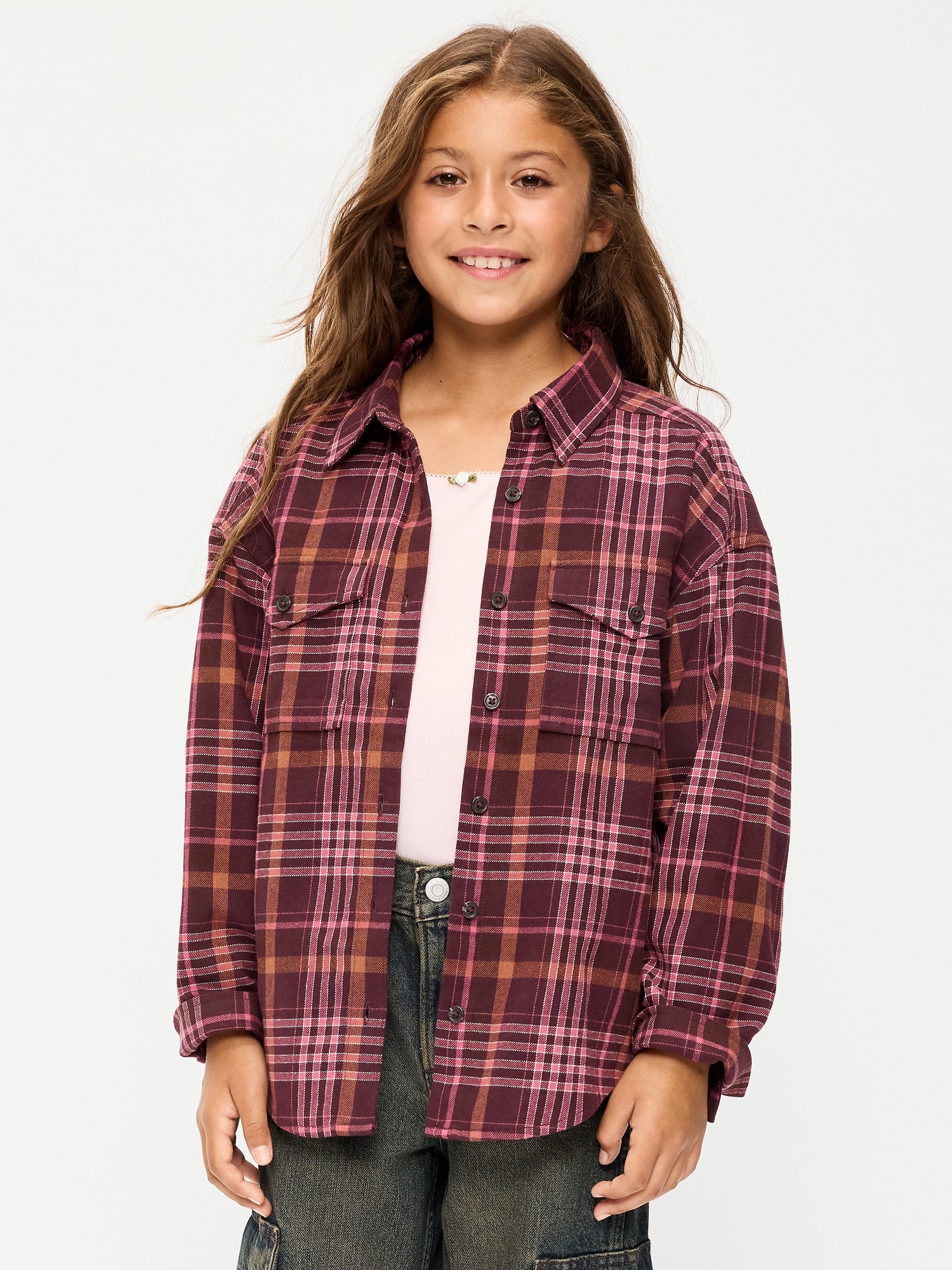 Oversized Long-Sleeve Utility Pocket Flannel Shirt for Girls