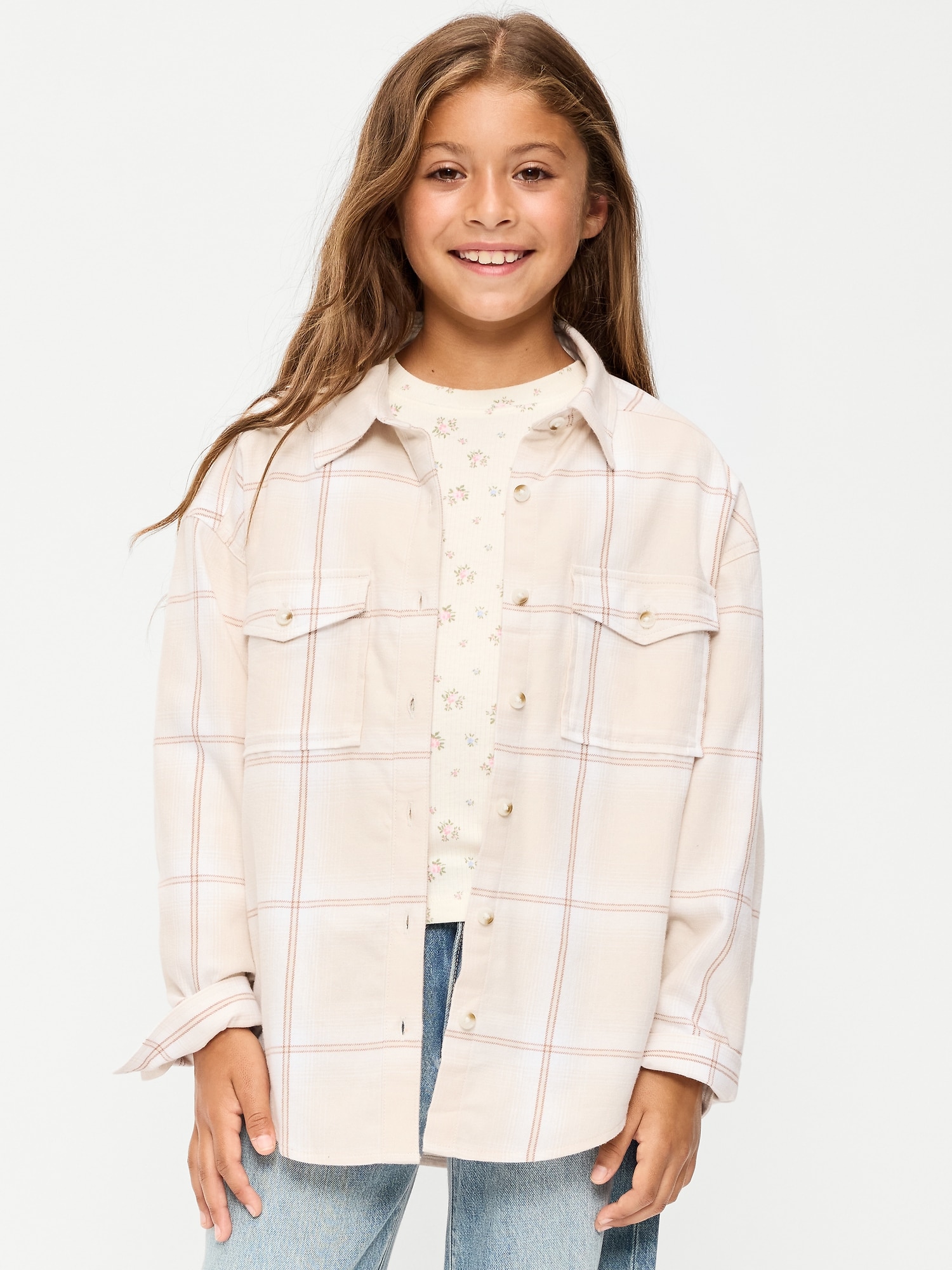 Oversized Long-Sleeve Utility Pocket Flannel Shirt for Girls