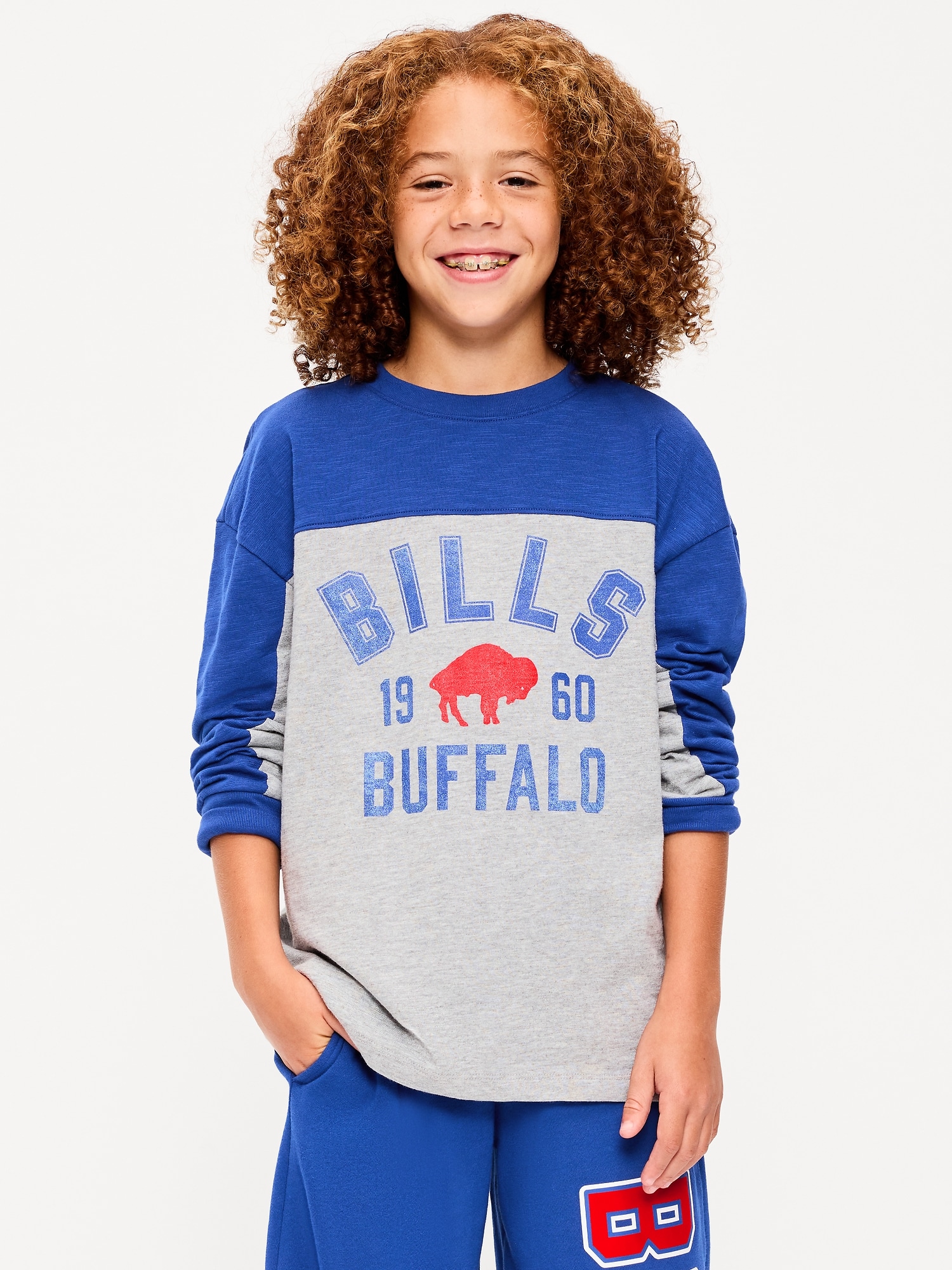 Buffalo Bills Long-Sleeve Oversized Graphic Football T-Shirt for Boys