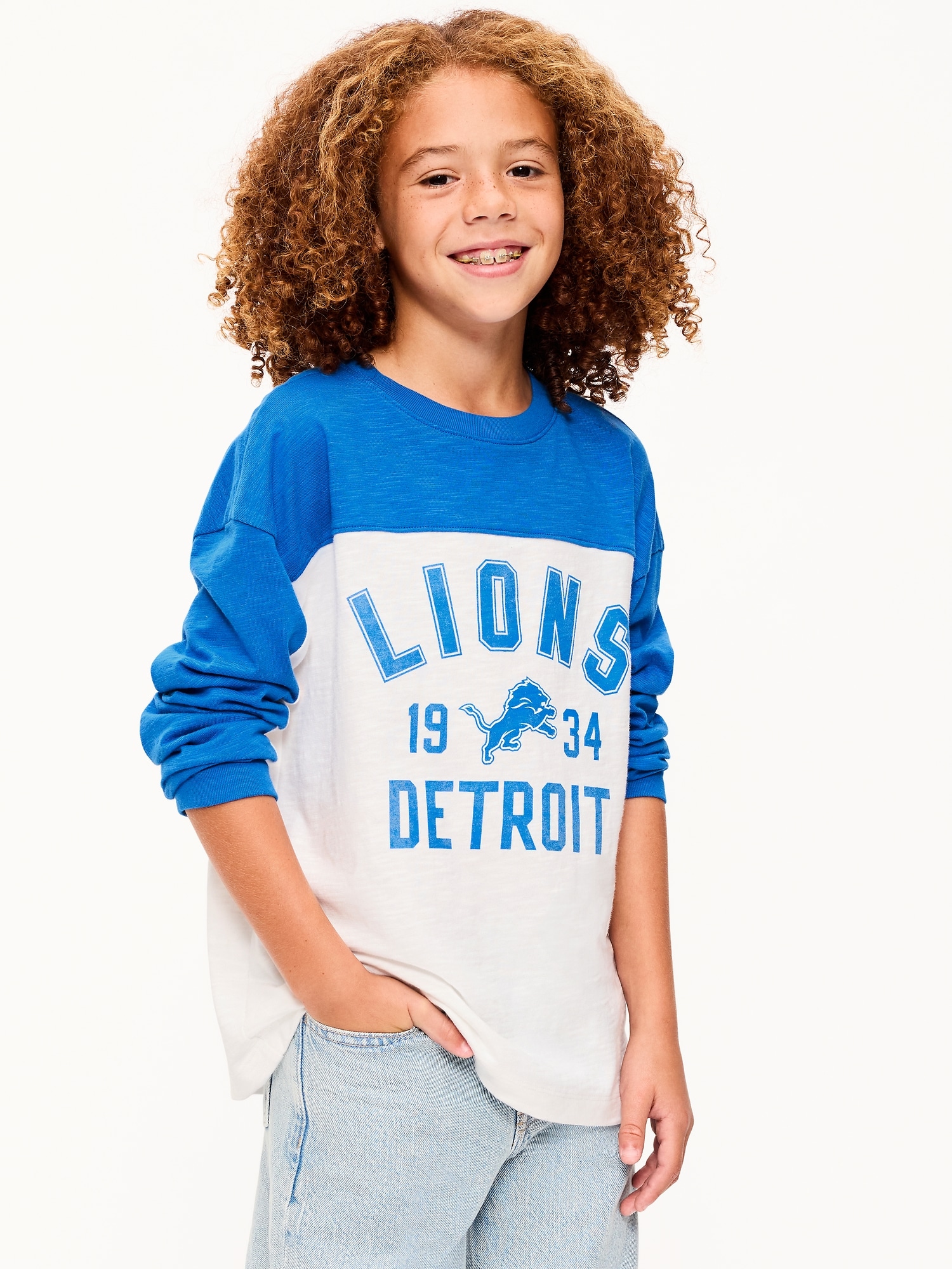 Detroit Lions Long-Sleeve Oversized Graphic Football T-Shirt for Boys
