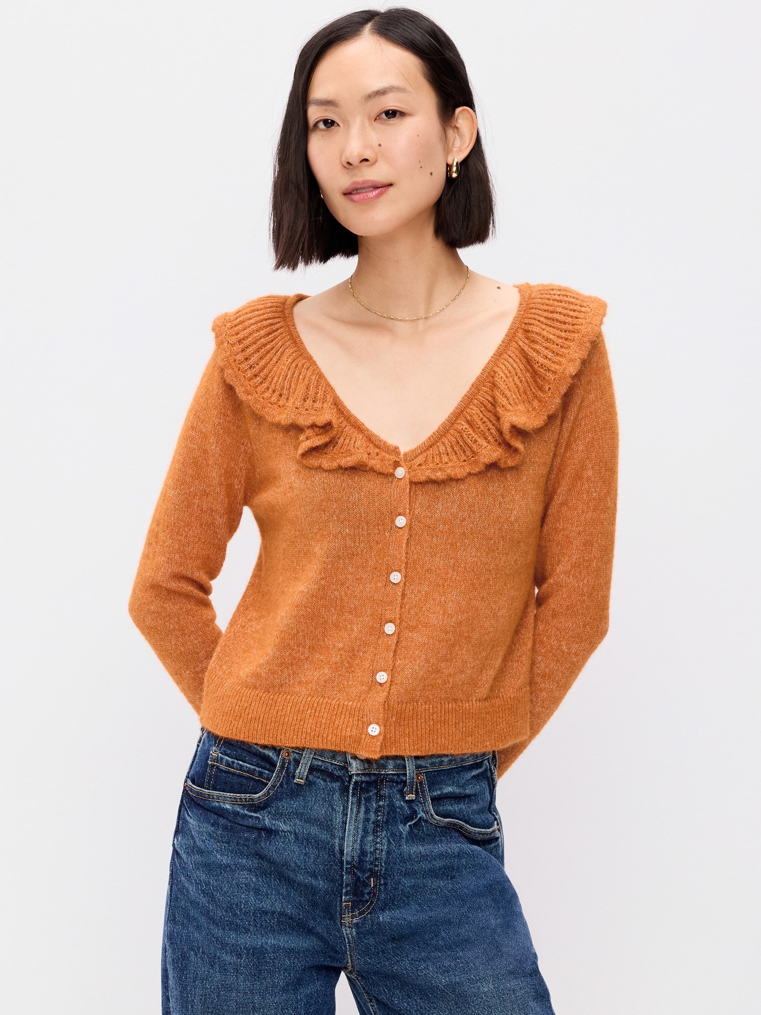Ruffle-Collar Wool-Blend Pointelle Cardigan