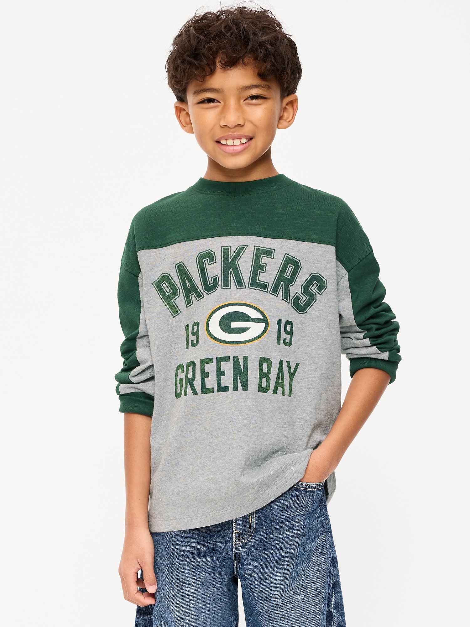 Green Bay Packers Long-Sleeve Oversized Graphic Football T-Shirt for Boys