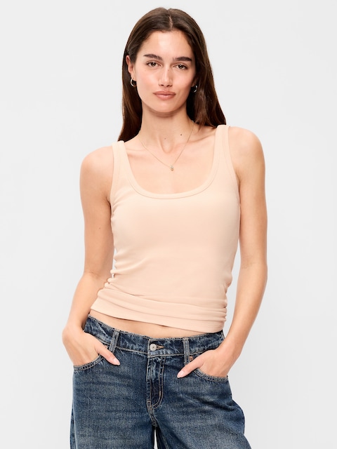 First-Layer Ribbed Scoop-Neck Tank Top