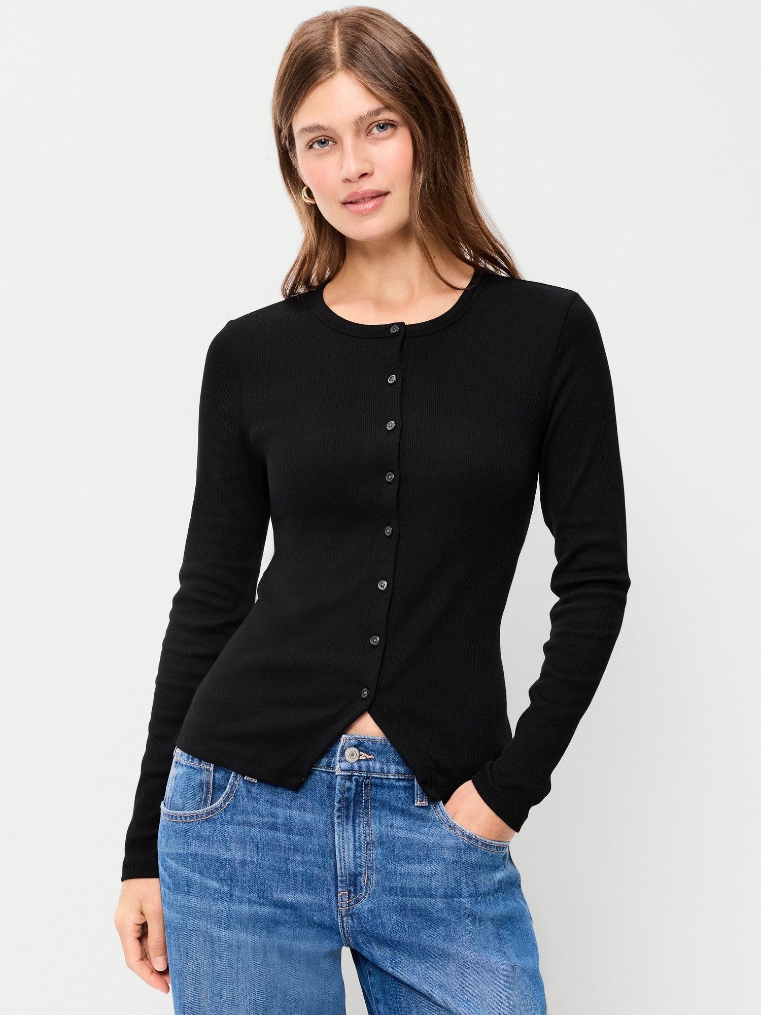 Snug Long-Sleeve Button-Front Ribbed Top