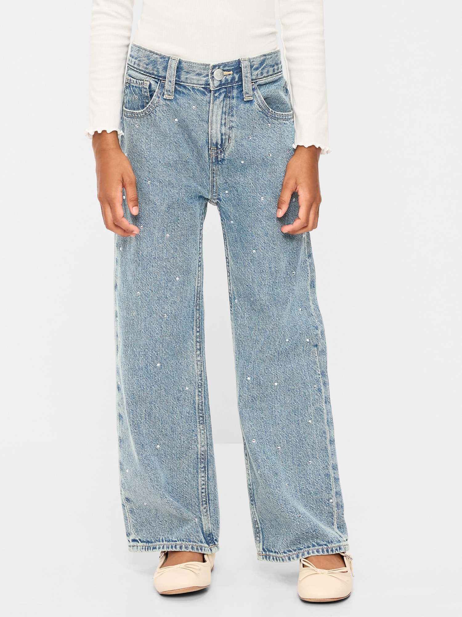High-Waisted Baggy Rhinestone Wide-Leg Jeans for Girls