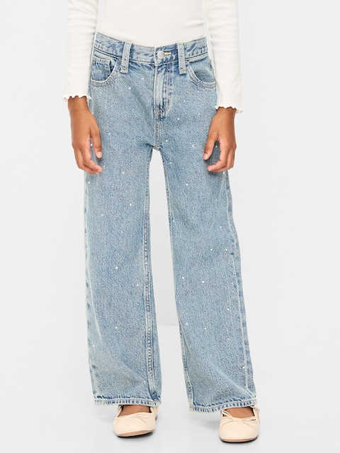 High-Waisted Baggy Rhinestone Wide-Leg Jeans for Girls