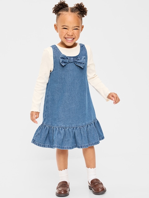 Sleeveless Denim Dress and Long-Sleeve Top Set for Toddler Girls