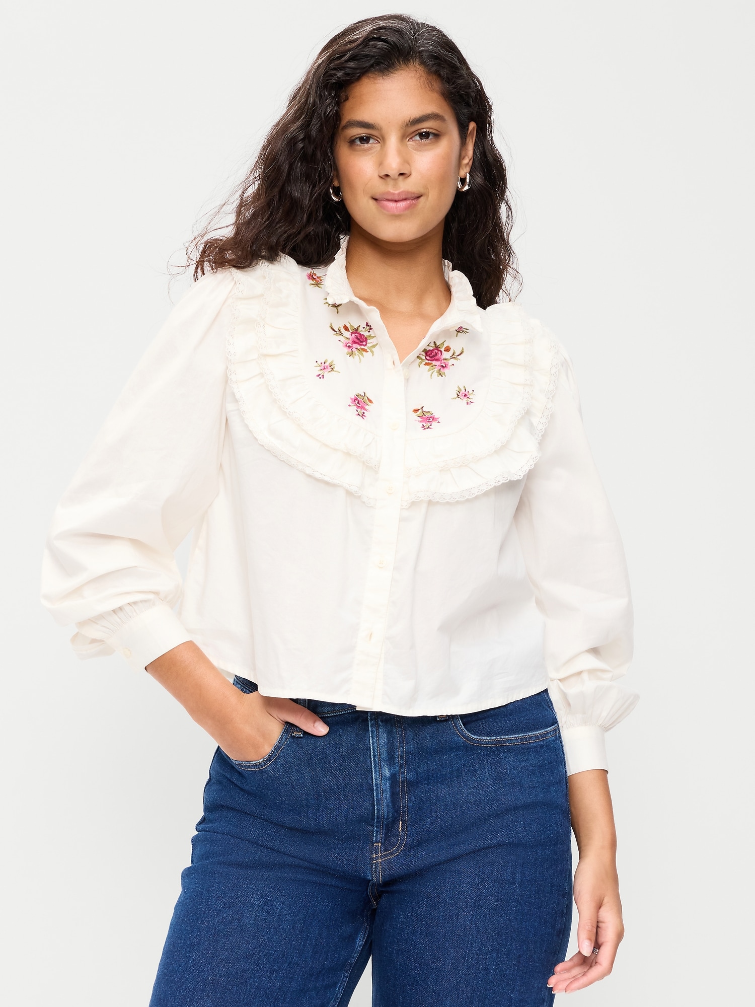 Long-Sleeve Embroidered Ruffle-Trim Button-Front Top