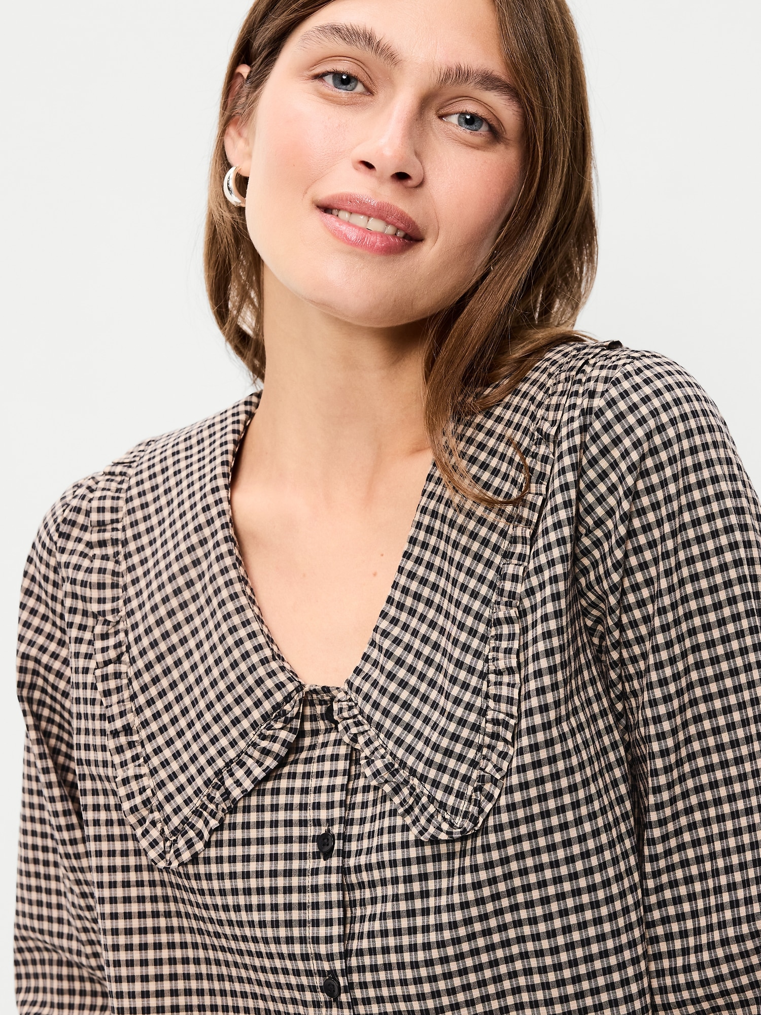Long-Sleeve Statement Collar Button-Front Top