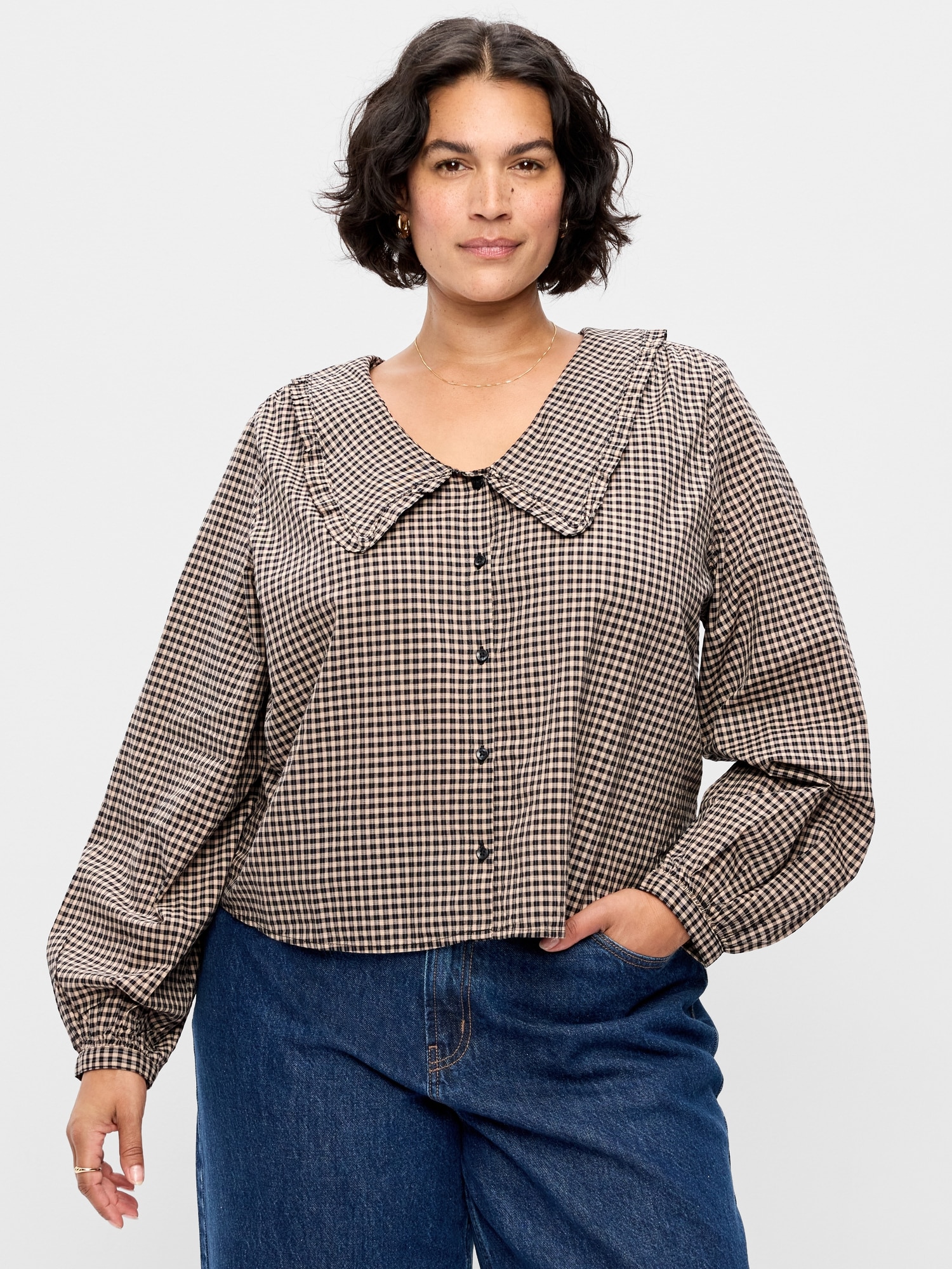 Long-Sleeve Statement Collar Button-Front Top