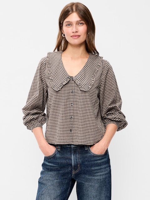 Long-Sleeve Statement Collar Button-Front Top