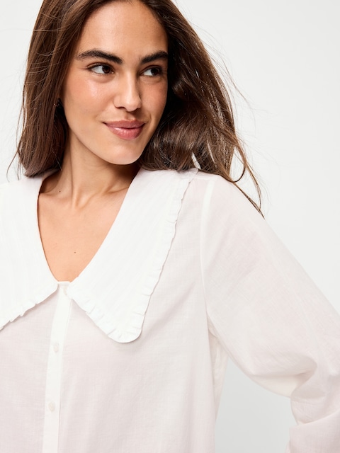 Long-Sleeve Statement Collar Button-Front Top