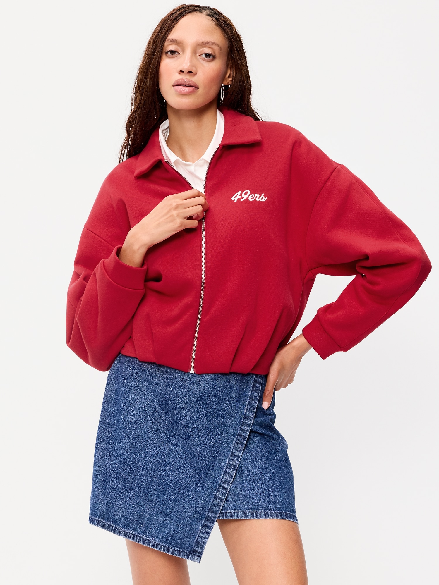 San Francisco 49ers Oversized Fleece Bomber Jacket for Women