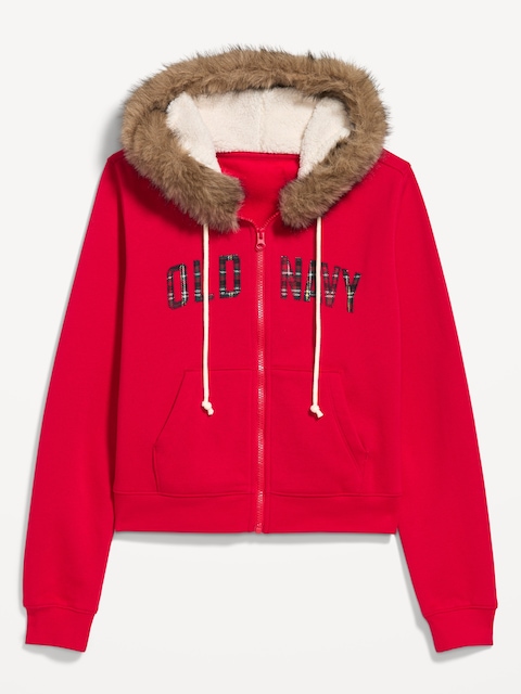 Logo Faux-Fur Trimmed Zip Hoodie Sweatshirt