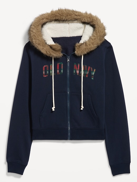 Logo Faux-Fur Trimmed Zip Hoodie Sweatshirt
