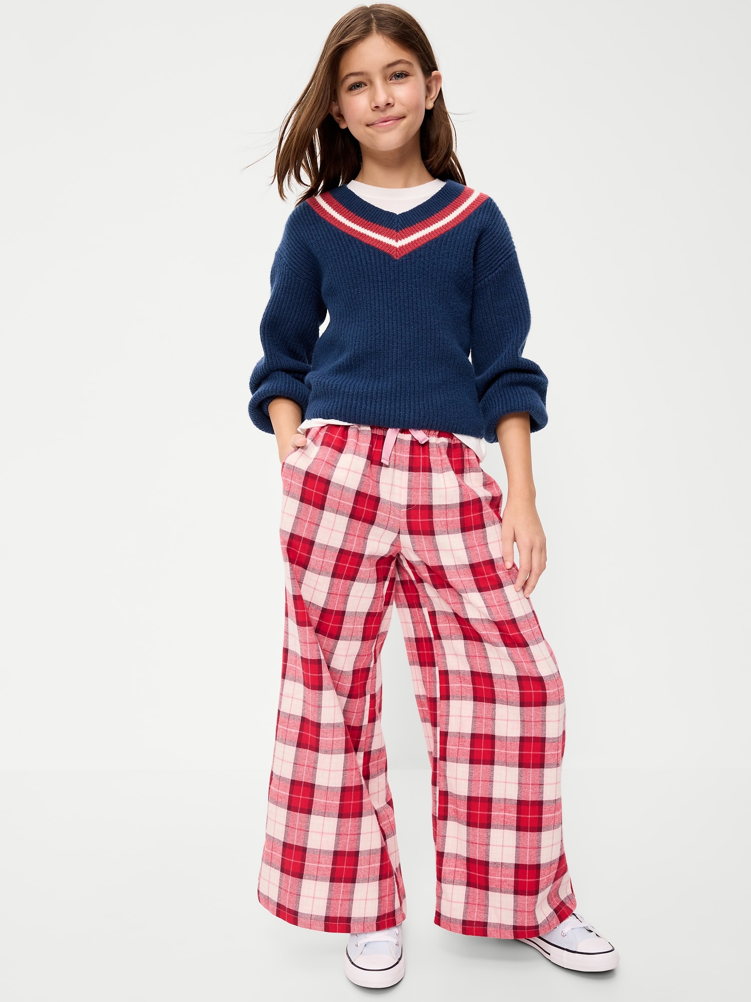 Pull-On Wide-Leg Flannel Plaid Pants for Girls