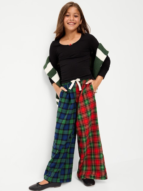 Pull-On Wide-Leg Flannel Plaid Pants for Girls