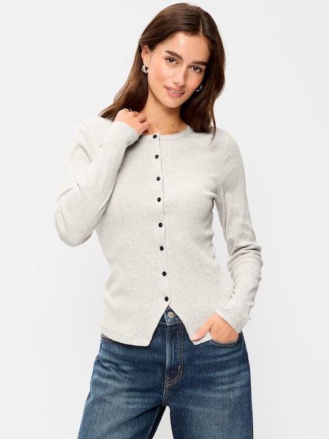 Snug Long-Sleeve Button-Front Ribbed Top