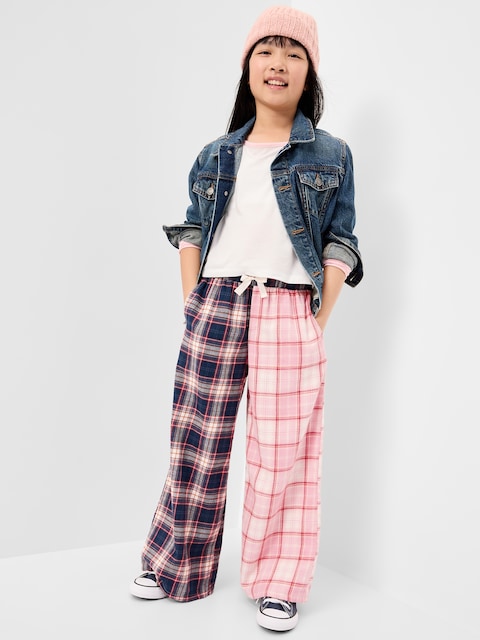 Pull-On Wide-Leg Flannel Plaid Pants for Girls