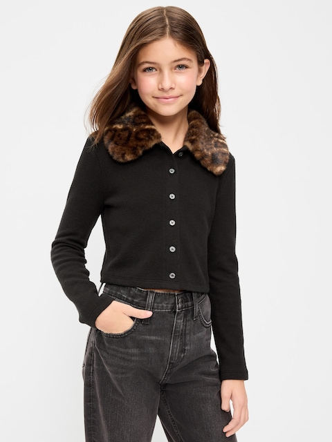 Cropped Faux-Fur Collar Cardigan Sweater for Girls