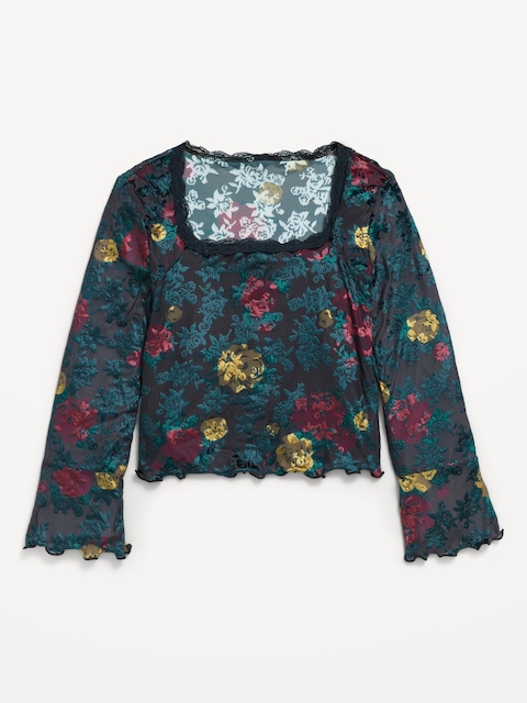Long-Sleeve Floral Velour Top for Girls