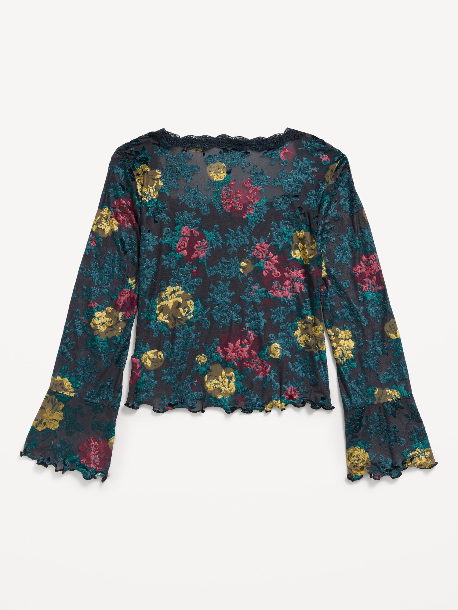 Топ Old Navy Long-Sleeve Floral Velour Top для девочек, цвет: Чёрный с принтом — фото 3